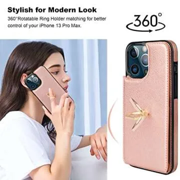Folosu Compatible with iPhone 13 Pro Max Case Wallet with Card Holder, 360°Rotation Finger Ring Holder Kickstand Protective RFID Blocking PU Leather Double Buttons Flip Cover 6.7 Inch Rose Gold