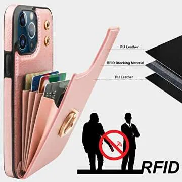 Folosu Compatible with iPhone 13 Pro Max Case Wallet with Card Holder, 360°Rotation Finger Ring Holder Kickstand Protective RFID Blocking PU Leather Double Buttons Flip Cover 6.7 Inch Rose Gold