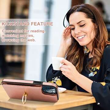 Folosu Compatible with iPhone 13 Pro Max Case Wallet with Card Holder, 360°Rotation Finger Ring Holder Kickstand Protective RFID Blocking PU Leather Double Buttons Flip Cover 6.7 Inch Rose Gold