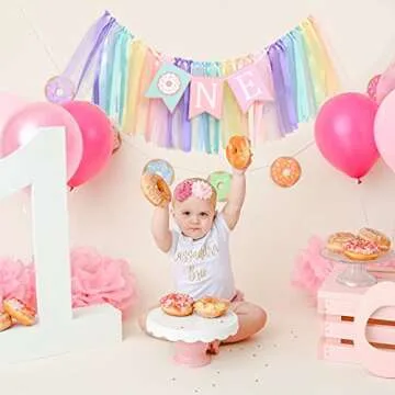 Donut 1 to 2 Years Old Birthday Banner - Donut Theme Birthday High Chair Banner, a Soft Rainbow Ribbon Tutu Group, Sweet Days, Leaving a Wonderful Party Time, Perfect Party Decoration. (Donut 1)