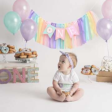 Donut 1 to 2 Years Old Birthday Banner - Donut Theme Birthday High Chair Banner, a Soft Rainbow Ribbon Tutu Group, Sweet Days, Leaving a Wonderful Party Time, Perfect Party Decoration. (Donut 1)