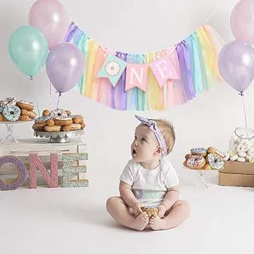 Donut 1 to 2 Years Old Birthday Banner - Donut Theme Birthday High Chair Banner, a Soft Rainbow Ribbon Tutu Group, Sweet Days, Leaving a Wonderful Party Time, Perfect Party Decoration. (Donut 1)