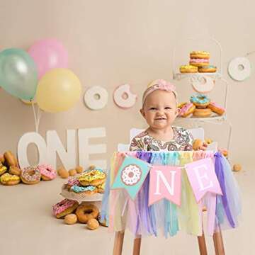 Donut 1 to 2 Years Old Birthday Banner - Donut Theme Birthday High Chair Banner, a Soft Rainbow Ribbon Tutu Group, Sweet Days, Leaving a Wonderful Party Time, Perfect Party Decoration. (Donut 1)