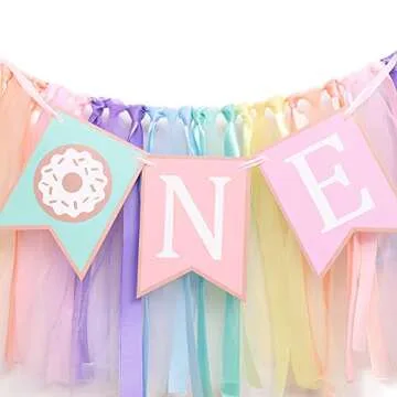 Donut 1 to 2 Years Old Birthday Banner - Donut Theme Birthday High Chair Banner, a Soft Rainbow Ribbon Tutu Group, Sweet Days, Leaving a Wonderful Party Time, Perfect Party Decoration. (Donut 1)