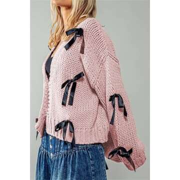 Thopavenoir Women's Y2k Bow Trim Cardigan Sweaters Long Sleeve Oversized Coats Knitwear (Pink, S)