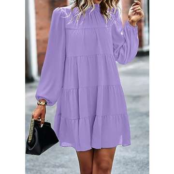 KIRUNDO Spring Dresses for Women 2025 Summer Long Sleeve Ruffle Mock Neck Tiered Mini Babydoll Casual Flowy Swing Tunic Shift Dress(Purple, Small)