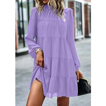 KIRUNDO Spring Dresses for Women 2025 Summer Long Sleeve Ruffle Mock Neck Tiered Mini Babydoll Casual Flowy Swing Tunic Shift Dress(Purple, Small)