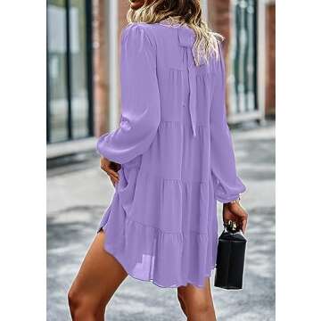 KIRUNDO Spring Dresses for Women 2025 Summer Long Sleeve Ruffle Mock Neck Tiered Mini Babydoll Casual Flowy Swing Tunic Shift Dress(Purple, Small)