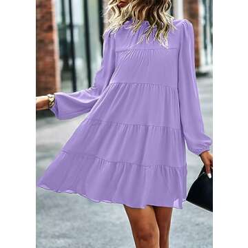 KIRUNDO Spring Dresses for Women 2025 Summer Long Sleeve Ruffle Mock Neck Tiered Mini Babydoll Casual Flowy Swing Tunic Shift Dress(Purple, Small)