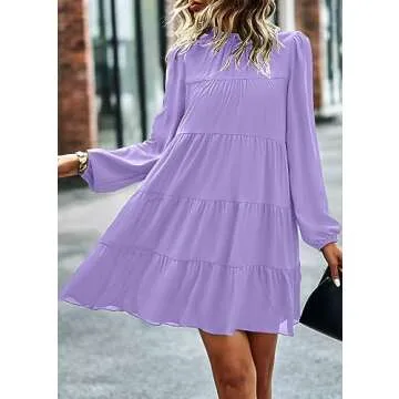 KIRUNDO Spring Dresses for Women 2025 Summer Long Sleeve Ruffle Mock Neck Tiered Mini Babydoll Casual Flowy Swing Tunic Shift Dress(Purple, Small)