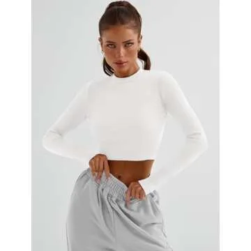 Trendy Queen Womens Long Sleeve Crop Tops Basic Ribbed Slim Fitted Shirts Casual Fall Fashion Y2k Teen Girl Clothes White S