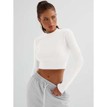 Trendy Queen Womens Long Sleeve Crop Tops Basic Ribbed Slim Fitted Shirts Casual Fall Fashion Y2k Teen Girl Clothes White S