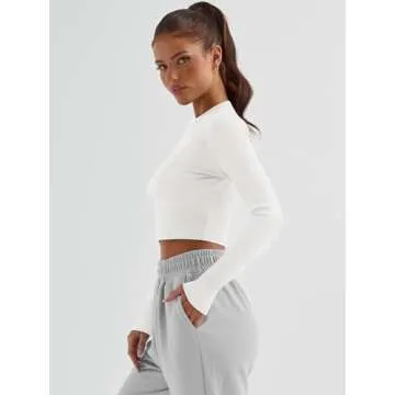 Trendy Queen Womens Long Sleeve Crop Tops Basic Ribbed Slim Fitted Shirts Casual Fall Fashion Y2k Teen Girl Clothes White S