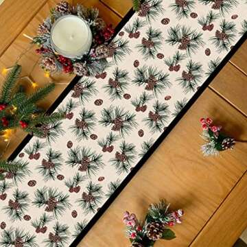 Seliem Winter Pine Cones Branches Table Runner, Pine Needles Tabletop Scarf Home Kitchen Green Black Christmas Decor, Seasonal Farmhouse Rustic Burlap Dining Decorations Party Supply 13 x 72 Inch
