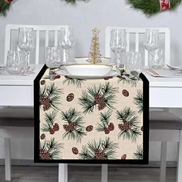 Seliem Winter Pine Cones Branches Table Runner, Pine Needles Tabletop Scarf Home Kitchen Green Black Christmas Decor, Seasonal Farmhouse Rustic Burlap Dining Decorations Party Supply 13 x 72 Inch