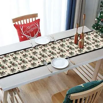 Seliem Winter Pine Cones Branches Table Runner, Pine Needles Tabletop Scarf Home Kitchen Green Black Christmas Decor, Seasonal Farmhouse Rustic Burlap Dining Decorations Party Supply 13 x 72 Inch