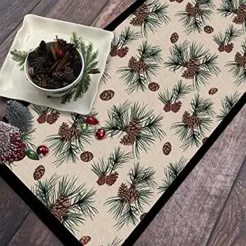 Seliem Winter Pine Cones Branches Table Runner, Pine Needles Tabletop Scarf Home Kitchen Green Black Christmas Decor, Seasonal Farmhouse Rustic Burlap Dining Decorations Party Supply 13 x 72 Inch