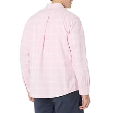 Amazon Essentials Men's Regular-Fit Long-Sleeve Pocket Oxford Shirt, Pink White Windowpane, Large