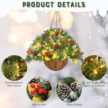 Artificial Christmas Hanging Basket, Decorated with Frosted Pine Cones, Berry Clusters, 30 LED Strin...