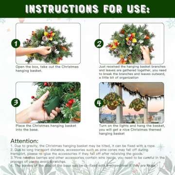 Artificial Christmas Hanging Basket, Decorated with Frosted Pine Cones, Berry Clusters, 30 LED String Lights, Christmas Outdoor Decorations for Front Porch Garden Patio Xmas Decor, 20 Inches