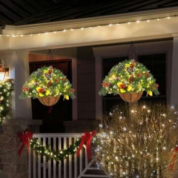Artificial Christmas Hanging Basket, Decorated with Frosted Pine Cones, Berry Clusters, 30 LED String Lights, Christmas Outdoor Decorations for Front Porch Garden Patio Xmas Decor, 20 Inches