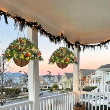 Artificial Christmas Hanging Basket, Decorated with Frosted Pine Cones, Berry Clusters, 30 LED String Lights, Christmas Outdoor Decorations for Front Porch Garden Patio Xmas Decor, 20 Inches