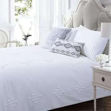 YINFUNG Textured Duvet Cover Tufted 100% Cotton Clipped Dot White Boho King Shabby Chic Pom Jacquard Geo Elegant Pretty Cute Duvet Cover Set 104x90 Diamond Bohemian Bedding Set Zip