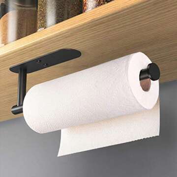 VAEHOLD Adhesive Paper Towel Holder Under Cabinet Wall Mount for Kitchen Paper Towel, Black Paper Towel Roll Holder Stick to Wall, SUS304 Stainless Steel（Black）