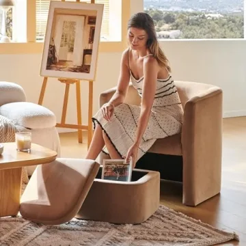 COLAMY Velvet Barrel Accent Chair with Storage Ottoman