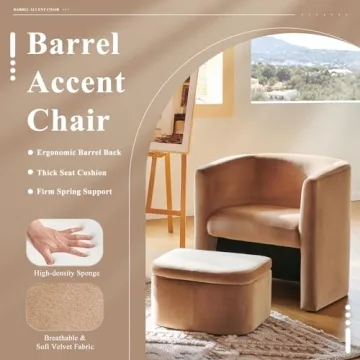 COLAMY Velvet Barrel Accent Chair with Storage Ottoman