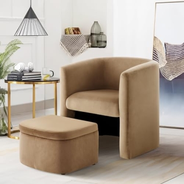 COLAMY Velvet Barrel Accent Chair with Storage Ottoman