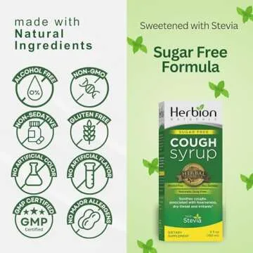 Herbion Naturals Sugar Free Cough Syrup with Stevia, 5 FL Oz - Relieve Cough and Soothes Sore Throat, Optimizes Immune –for Bronchial & Lung Function
