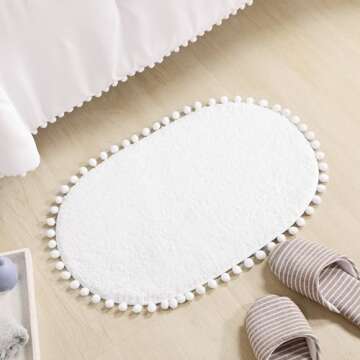 YIRDDEO Bath Mat White Rug with Pom Oval Bathroom Rugs for Bedroom Non Slip Cute Boho Absorbent Mats Soft Plush Washable Rug (20 x 30 inches)