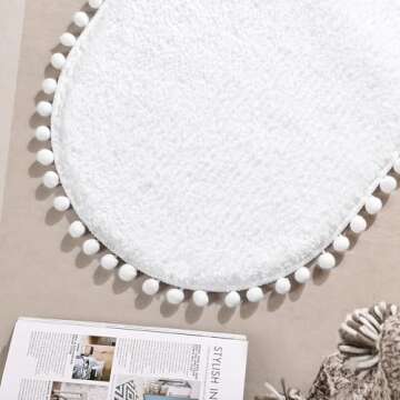 YIRDDEO Bath Mat White Rug with Pom Oval Bathroom Rugs for Bedroom Non Slip Cute Boho Absorbent Mats Soft Plush Washable Rug (20 x 30 inches)