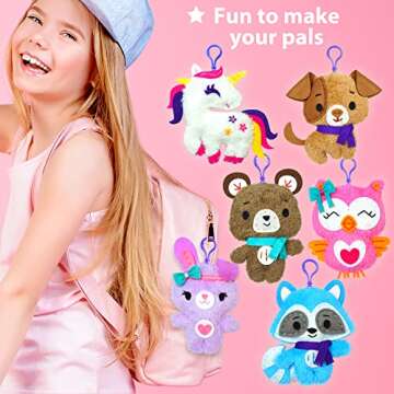 KRAFUN Unicorn Sewing Keyring Kit for Kids Age 7 8 9 10 11 12 Learn Art & Craft, Includes 6 Stuffed Animal Bear, Dog, Rabbit, Raccoon, Owl Dolls, Instruction & Felt Materials