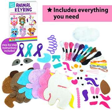 KRAFUN Unicorn Sewing Keyring Kit for Kids Age 7 8 9 10 11 12 Learn Art & Craft, Includes 6 Stuffed Animal Bear, Dog, Rabbit, Raccoon, Owl Dolls, Instruction & Felt Materials