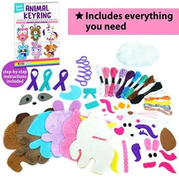 KRAFUN Unicorn Sewing Keyring Kit for Kids Age 7 8 9 10 11 12 Learn Art & Craft, Includes 6 Stuffed Animal Bear, Dog, Rabbit, Raccoon, Owl Dolls, Instruction & Felt Materials