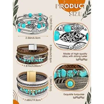 Inbagi 3 Pcs Women Turquoise Bohemian Bracelet Set