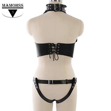 MAMOHSS Women's Faux Leather High Collared Body Chest Harness Punk Gothic Costumes Lingerie Outfits Black