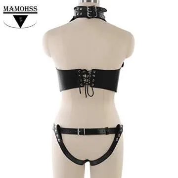 MAMOHSS Women's Faux Leather High Collared Body Chest Harness Punk Gothic Costumes Lingerie Outfits Black