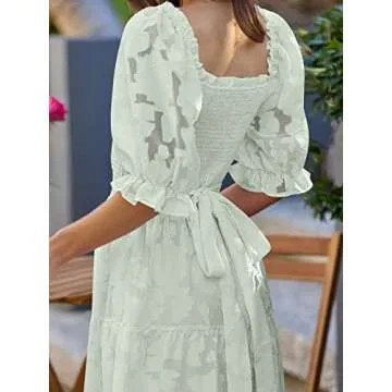 LILLUSORY Women Puffy Sleeve Night Out Floral Midi Dress Peasant Chiffon Smocked Summer Dress with Sleeves Green L
