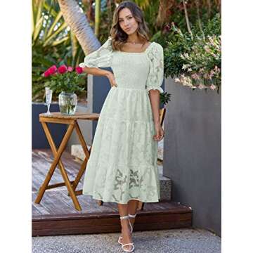 LILLUSORY Women Puffy Sleeve Night Out Floral Midi Dress Peasant Chiffon Smocked Summer Dress with Sleeves Green L