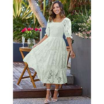 LILLUSORY Women Puffy Sleeve Night Out Floral Midi Dress Peasant Chiffon Smocked Summer Dress with Sleeves Green L
