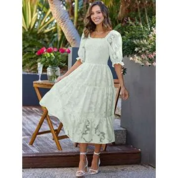 LILLUSORY Women Puffy Sleeve Night Out Floral Midi Dress Peasant Chiffon Smocked Summer Dress with Sleeves Green L