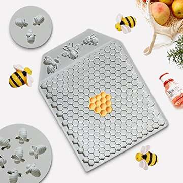 Tasunte 3Pcs 7 Cavity Bumble Bee Silicone Mold Honeycomb Bees Silicone Fondant Cake Mold Beehive Silicone Baking Molds, Silicone Cupcake Cake Decorating Fondant Candy Baking Cake Moulds
