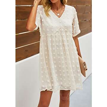 KIRUNDO Womens Summer Dresses 2024 Casual V Neck Short Sleeve Swiss Dot Ruffle Loose Flowy Mini Babydoll Dress Maternity Dress(X-Large, Apricot)