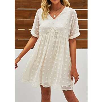 KIRUNDO Womens Summer Dresses 2024 Casual V Neck Short Sleeve Swiss Dot Ruffle Loose Flowy Mini Babydoll Dress Maternity Dress(X-Large, Apricot)
