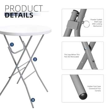 Byliable 32in Cocktail Table White High Top Folding, Portable Bar Height Folding Table Round with Removable Gray Legs, Indoor Outdoor Banquet for Parties, Commercial, Speech, Dining