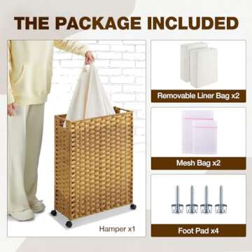 Greenstell Laundry Hamper with Wheels, 66L Slim Laundry Basket with 2 Removable Liner Bags & 2 Mesh ...