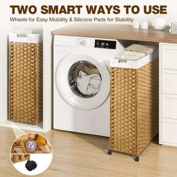 Greenstell Laundry Hamper with Wheels, 66L Slim Laundry Basket with 2 Removable Liner Bags & 2 Mesh Bags, Narrow Dirty Clothes Basket, Handwoven Rattan Organizer in Bathroom, Bedroom, Natural